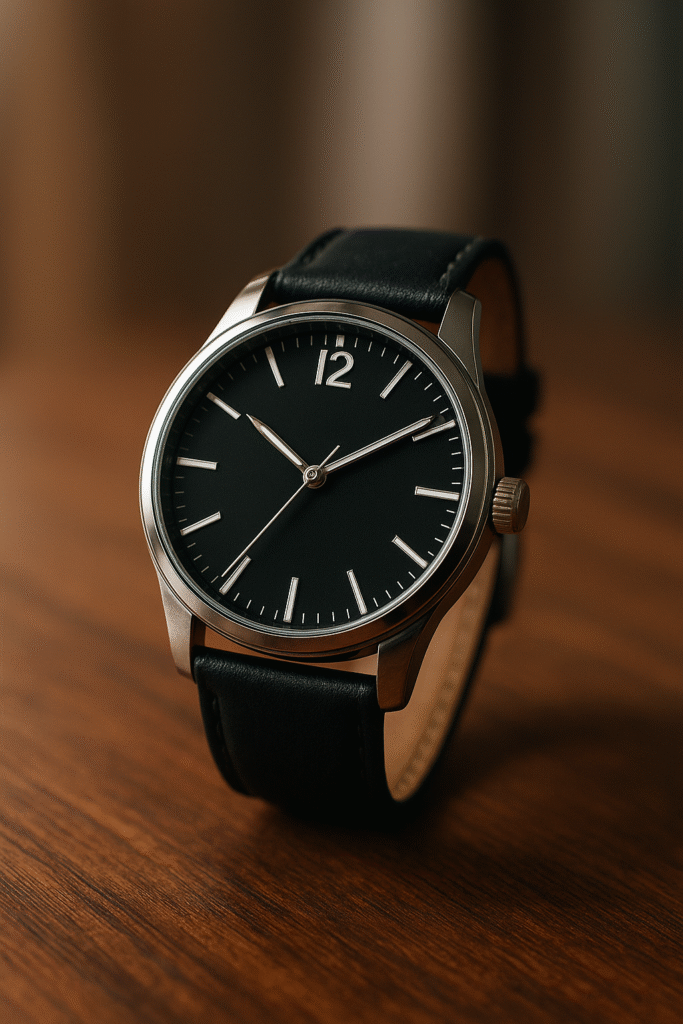 Relógio de pulso preto marcando 10h10, representando sonhos relacionados a relógio.