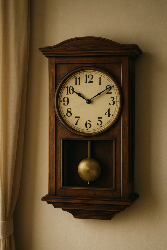 Relógio de parede antigo marcando 10h10, representando interpretação de sonhar com relógio.
