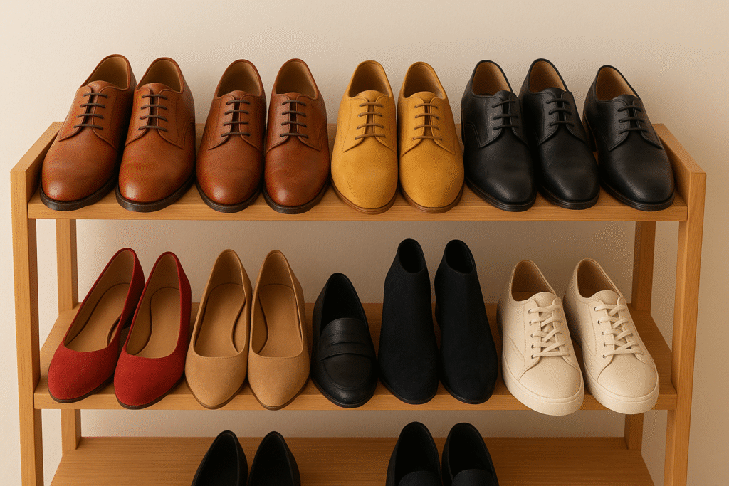 Sapateira com sapatos sociais, tênis e sapatos femininos, sugerindo diferentes significados nos sonhos.