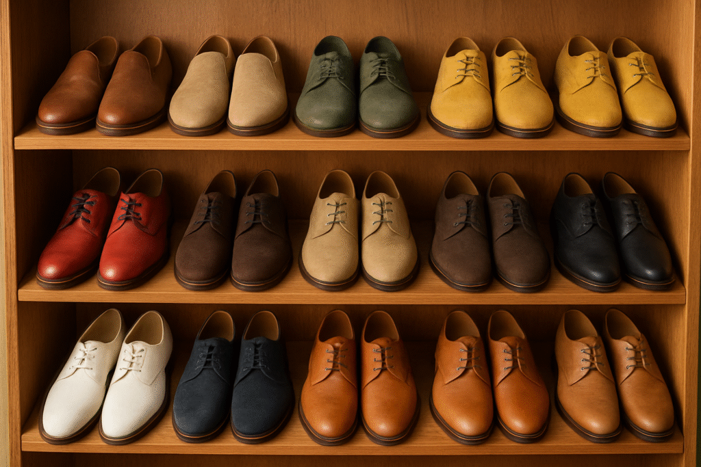 Prateleira de sapatos masculinos de diversas cores e estilos, simbolizando escolhas e interpretações de sonhos.