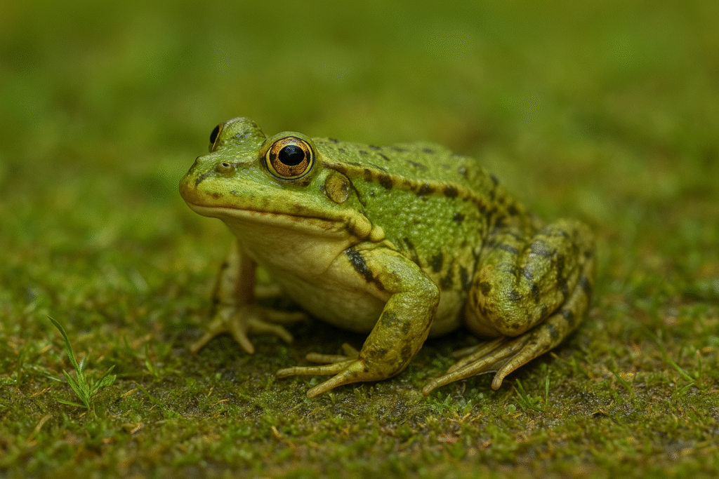 Sapo verde com manchas escuras em gramado, refletindo sonho com sapo e mensagens espirituais.