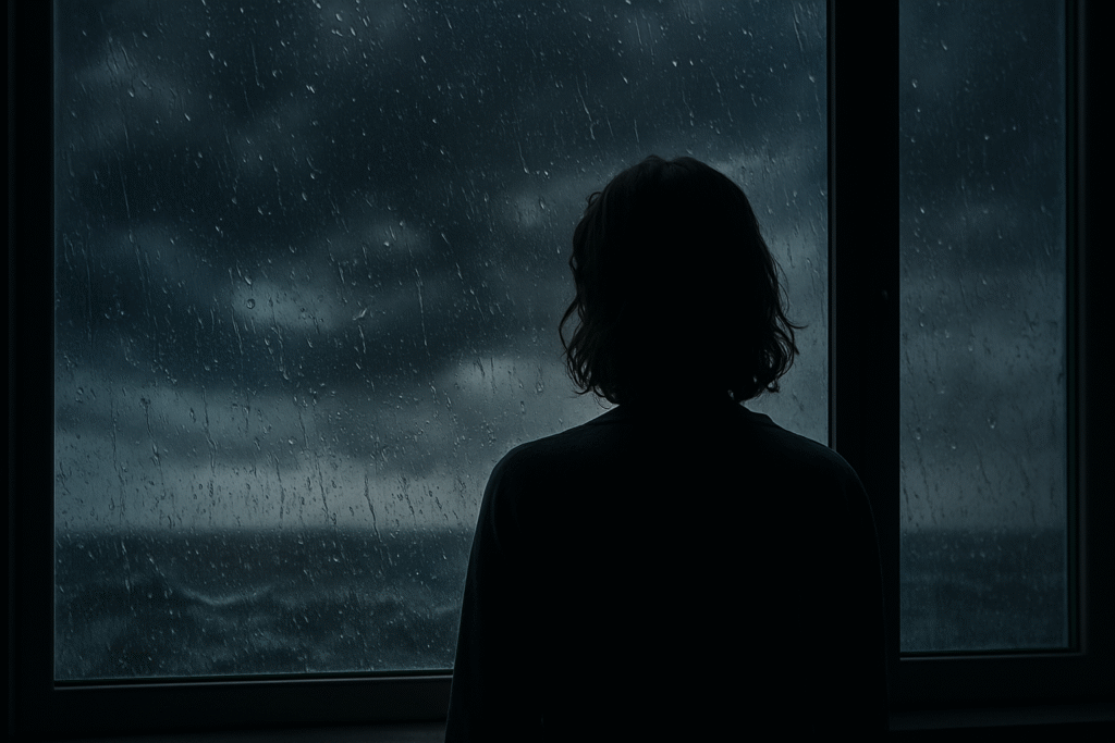Silhueta de pessoa observando tempestade e chuva pela janela.