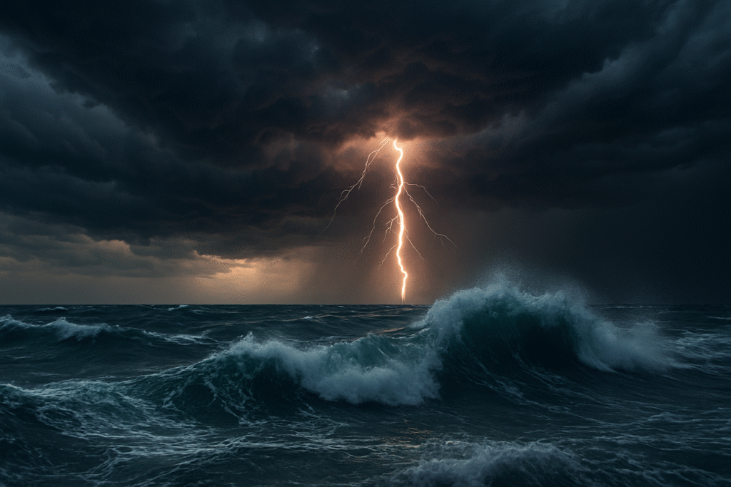 Raios iluminando o céu durante tempestade no mar com ondas fortes.