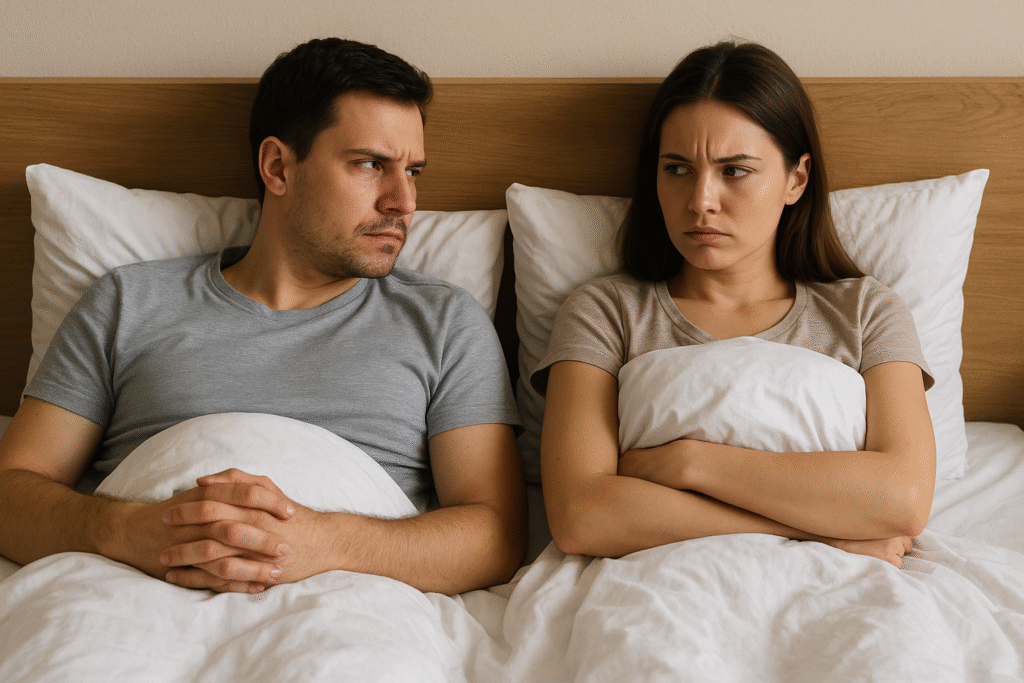 casal deitado na cama, de costas e sem diálogo, representando sonho com traição e desconfiança.