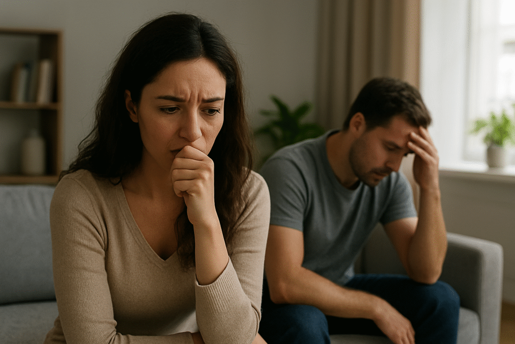 casal sentado no sofá, tristes e afastados após briga, simbolizando sonho com traição.
