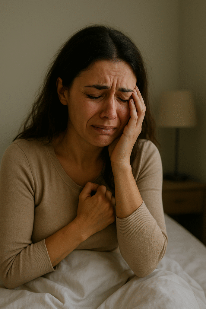 mulher chorando sozinha na cama após briga, simbolizando sonho com traição e sofrimento emocional.