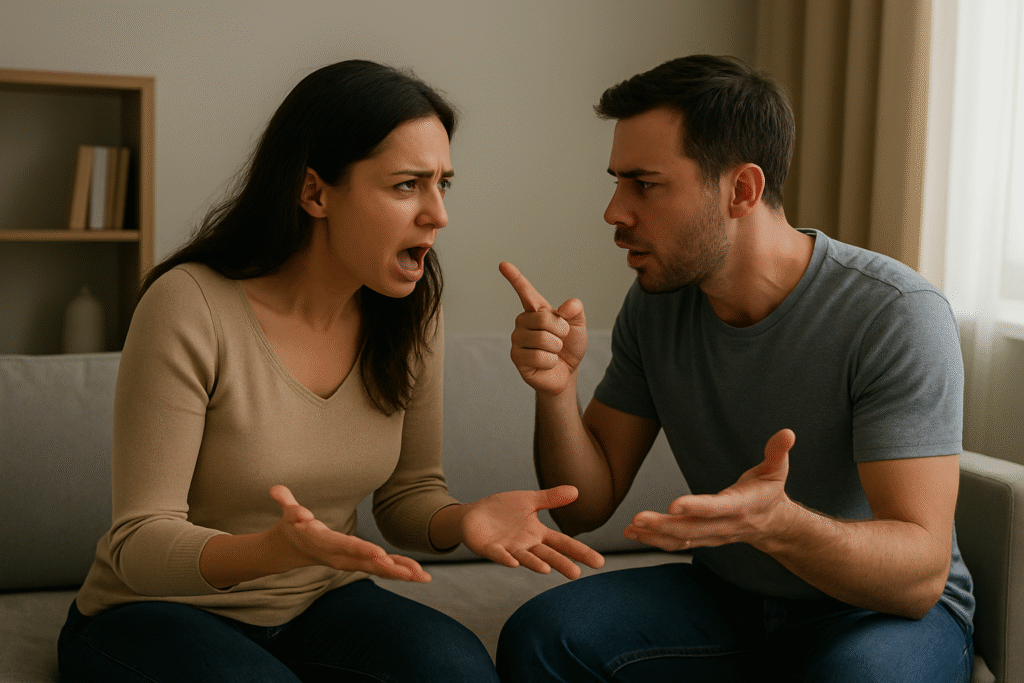 casal discutindo em casa, representação de sonho com traição e conflitos no relacionamento.