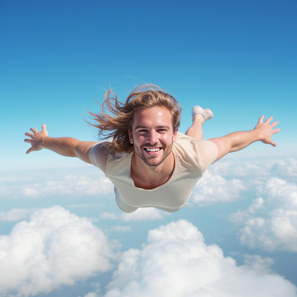 Homem loiro sorridente voando no céu azul entre nuvens brancas, representando alegria e energia positiva.
