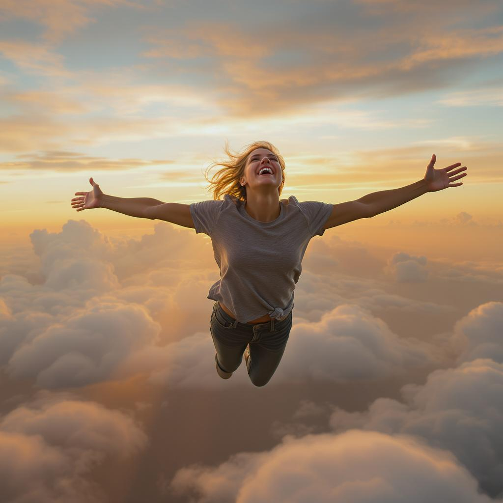 Mulher voando com braços abertos sobre nuvens douradas no pôr do sol, simbolizando liberdade plena.