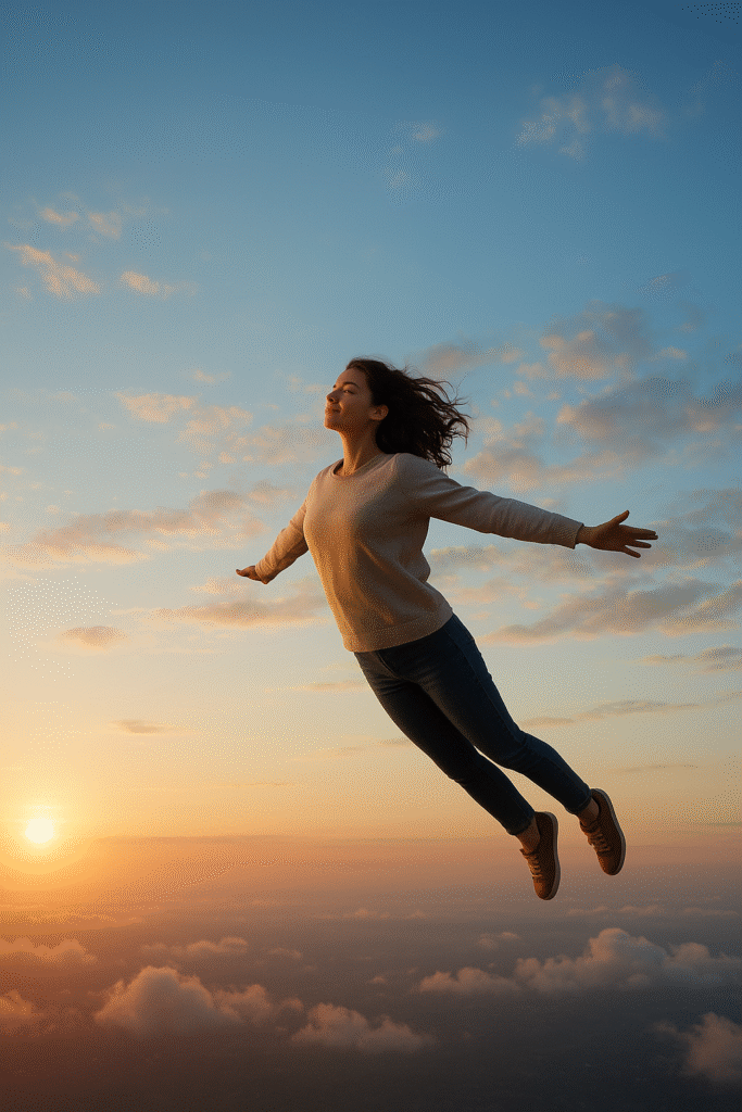 Mulher voando serenamente entre as nuvens no amanhecer, representando leveza e autoconfiança.