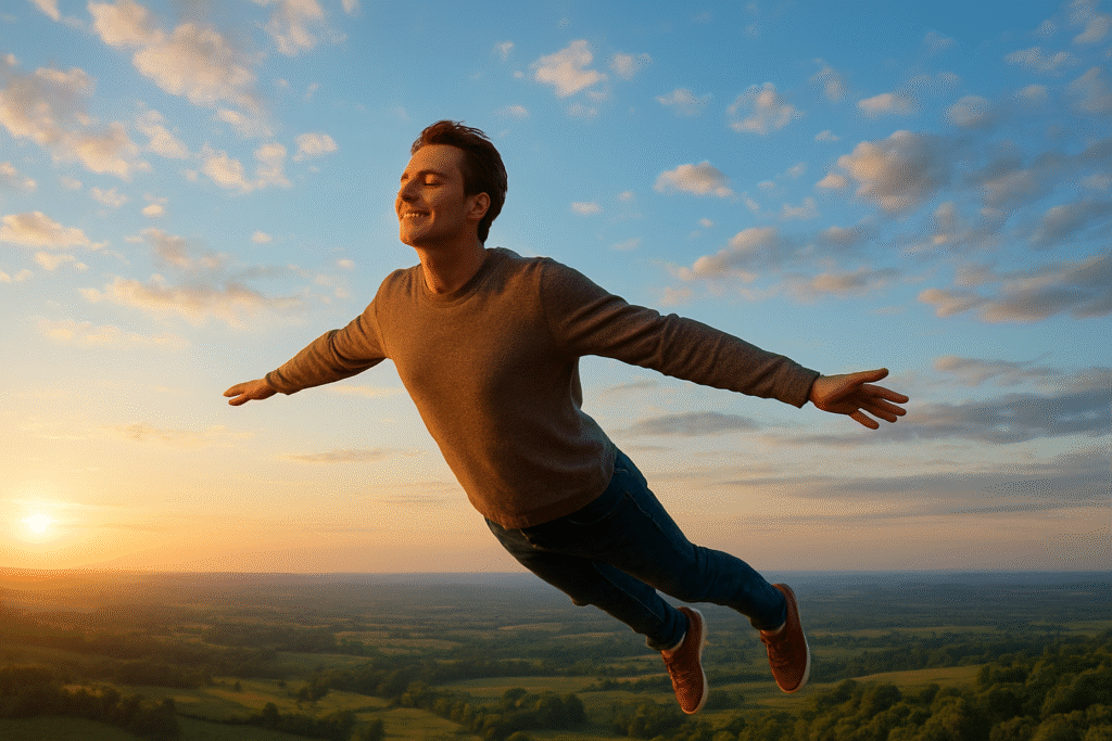 Homem sorridente voando no céu ao pôr do sol, representando liberdade nos sonhos.