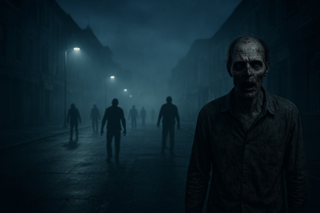 Grupo de zumbis caminhando em uma cidade abandonada, atmosfera de sonho assustador.