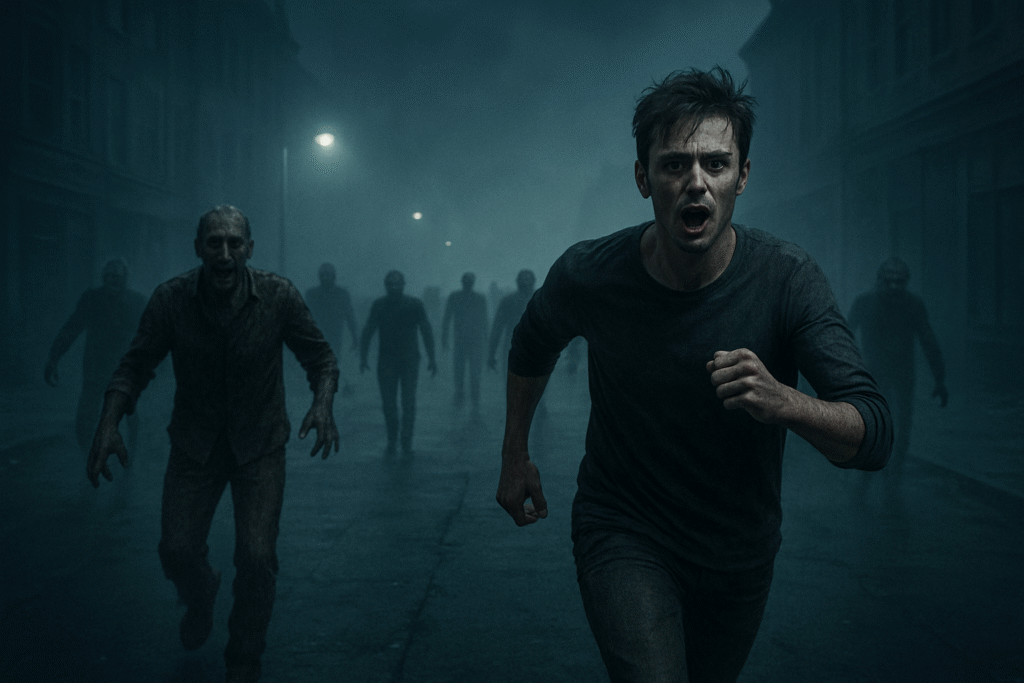 Homem correndo desesperado de zumbis em uma cidade escura durante um sonho.