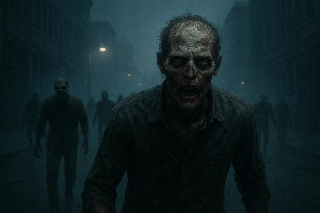 Zumbi assustador caminhando em uma rua escura e deserta em um sonho de terror.