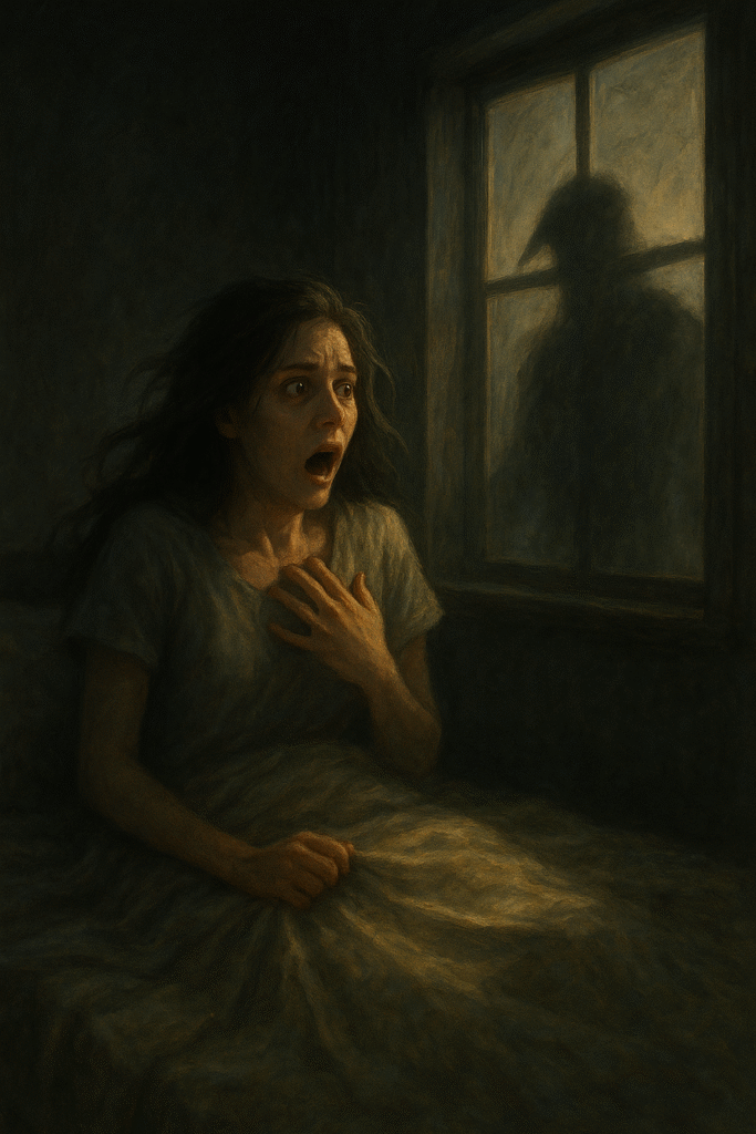 mulher assustada em seu quarto olhando pela janela onde há uma sombra misteriosa