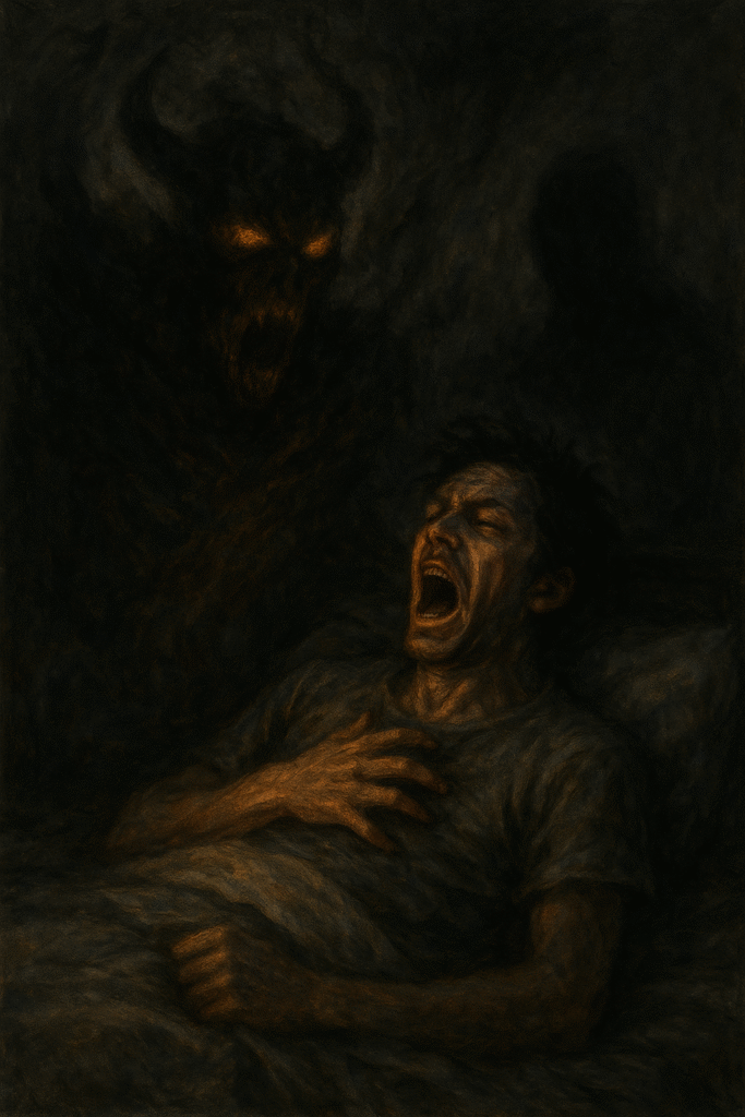 homem deitado gritando em pesadelo enquanto uma figura demoníaca escura surge ao lado da cama