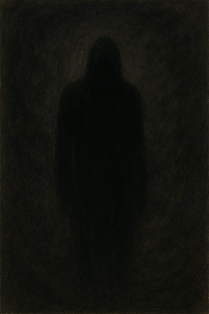 figura sombria encapuzada em fundo escuro, representando presença maligna ou sombra espiritual