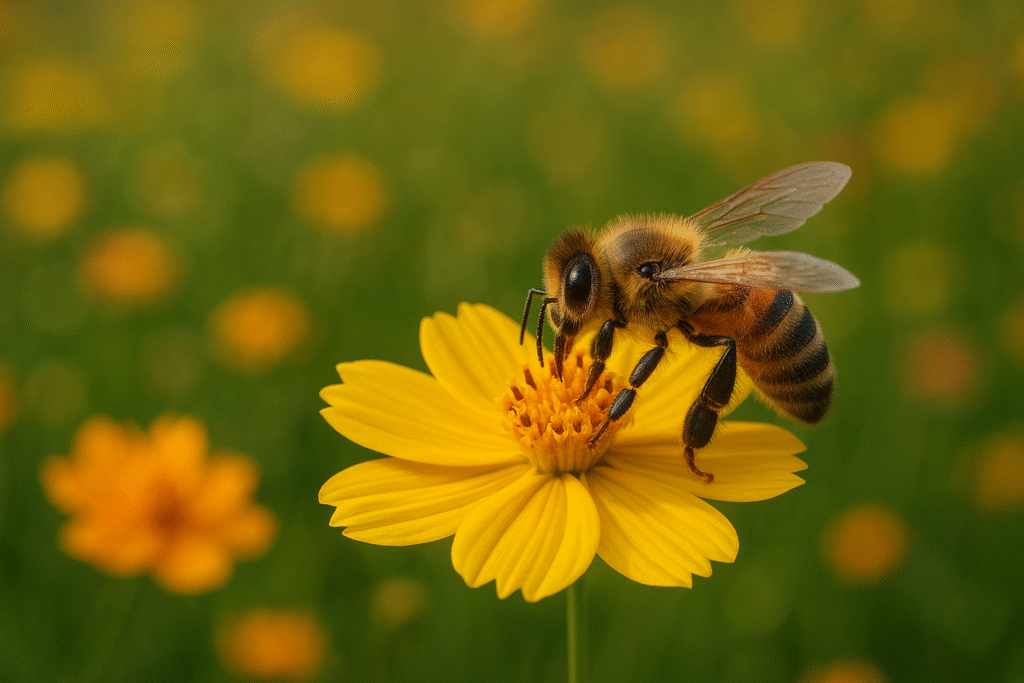 abelha coletando néctar em flor amarela, simbolizando prosperidade, união e trabalho em equipe.