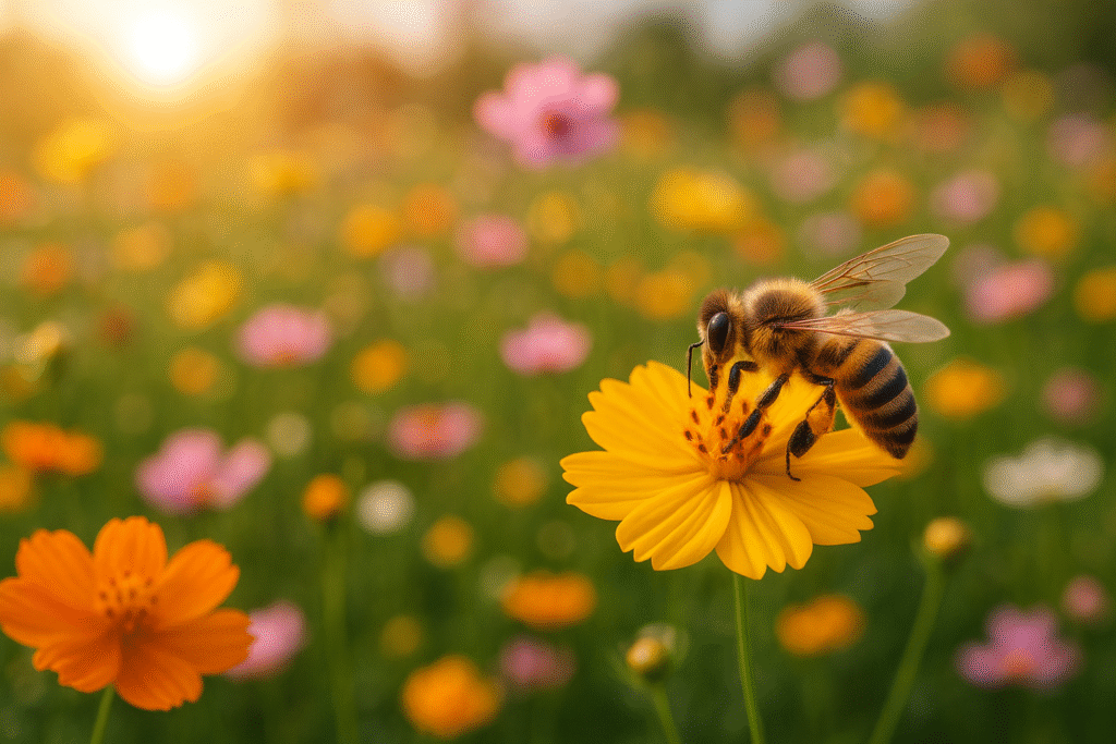 abelha sobre flor amarela em campo florido ao pôr do sol, representando harmonia, produtividade e energia positiva.