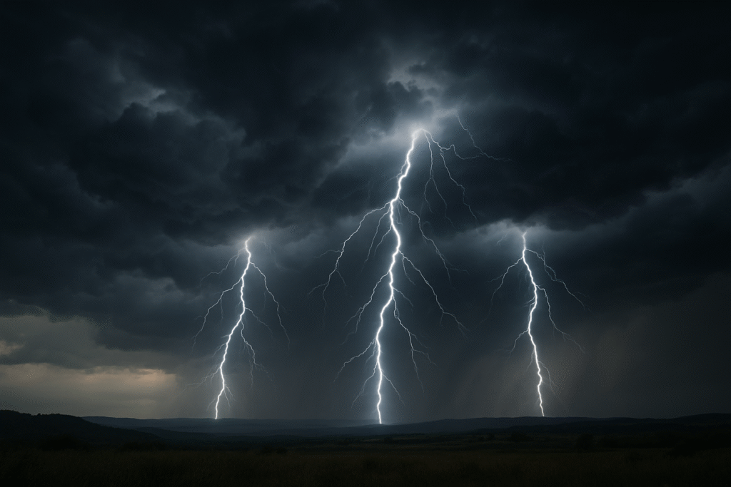 Céu escuro com múltiplos relâmpagos intensos durante uma tempestade, representando tragédia e energia acumulada.