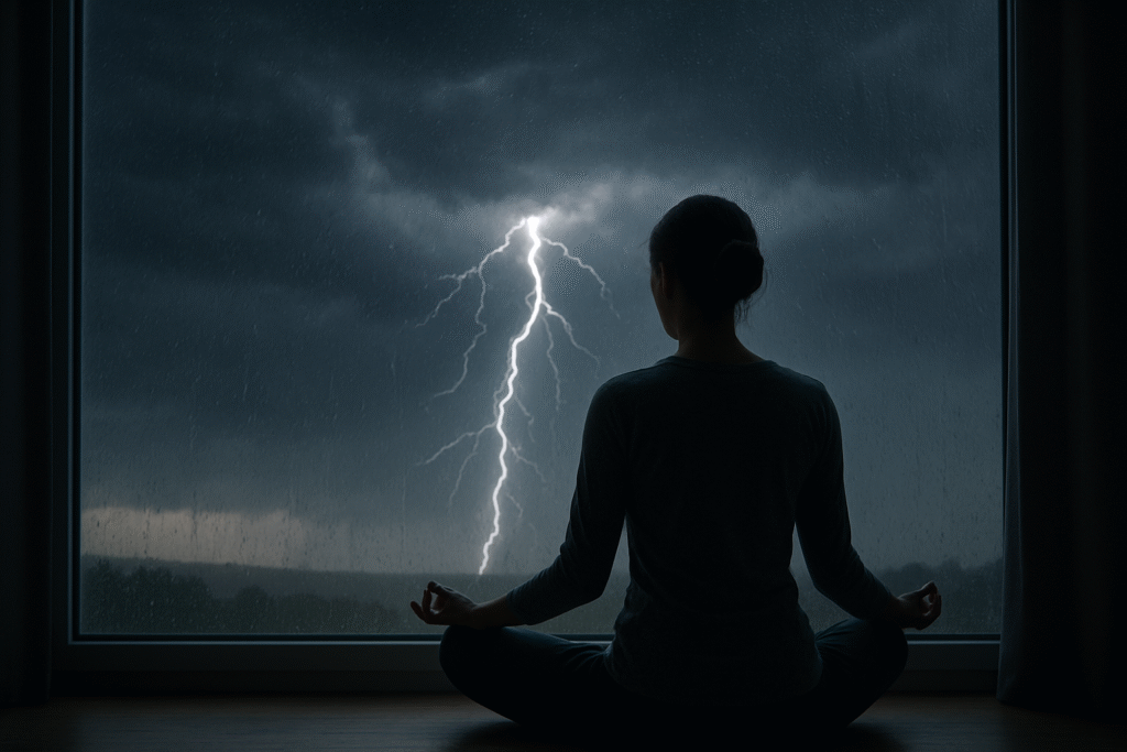 Pessoa meditando diante de uma tempestade com relâmpago, simbolizando calma em meio à tragédia.