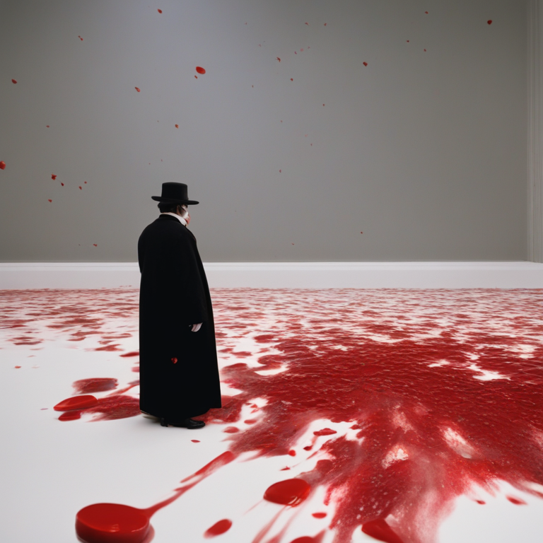figura solitária observando um chão coberto de sangue, simbolizando medo, culpa ou transformação profunda em sonhos.