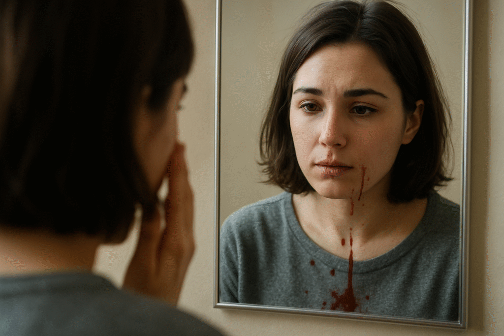 mulher assustada com sangue no rosto refletido no espelho, simbolizando sonho com sangue e autoconhecimento.