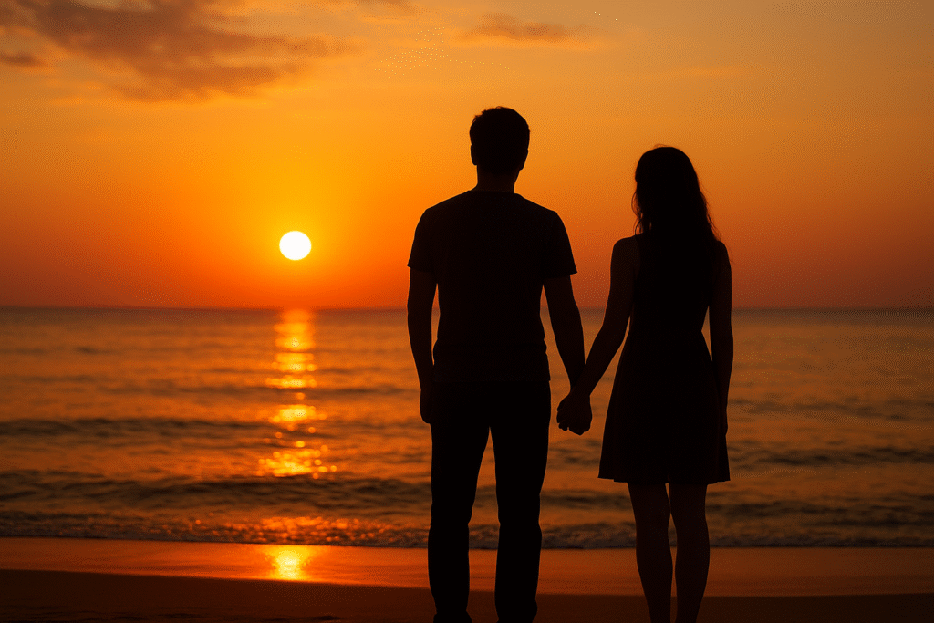casal de mãos dadas observando o pôr do sol na praia, representando harmonia e cumplicidade amorosa.