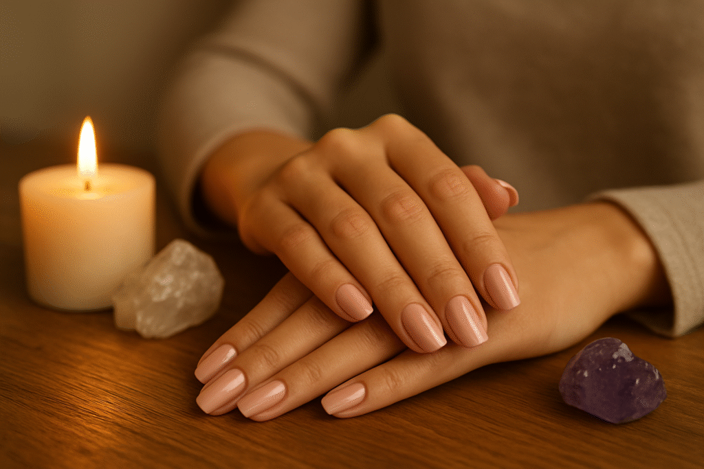 Mãos femininas com unhas feitas e polidas, cercadas por vela acesa e cristais — interpretação de sonho com unhas bonitas.