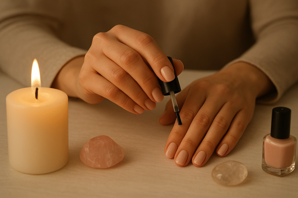 Mãos femininas pintando as unhas com esmalte nude ao lado de vela e cristais — sonhar com unha significado espiritual.