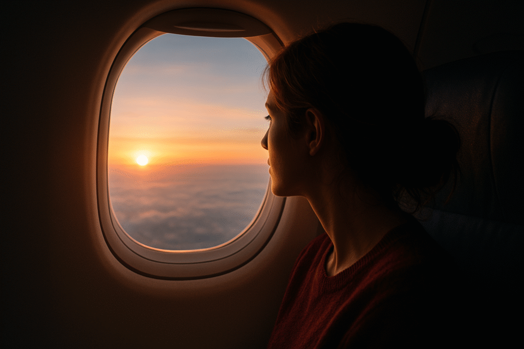 mulher observando o pôr do sol pela janela de um avião durante uma viagem