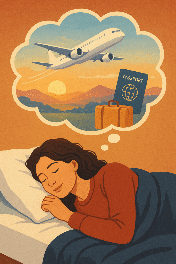 mulher dormindo e sonhando com uma viagem de avião, mala e passaporte