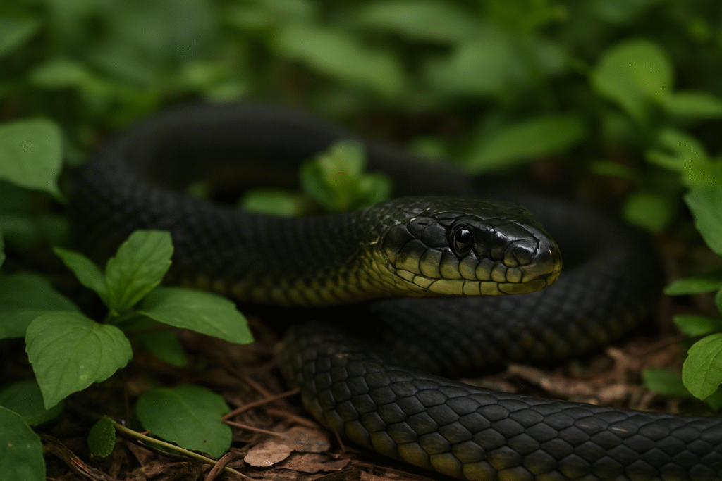 close detalhado de uma cobra marrom com escamas em foco e olhar intenso, entre vegetação verde