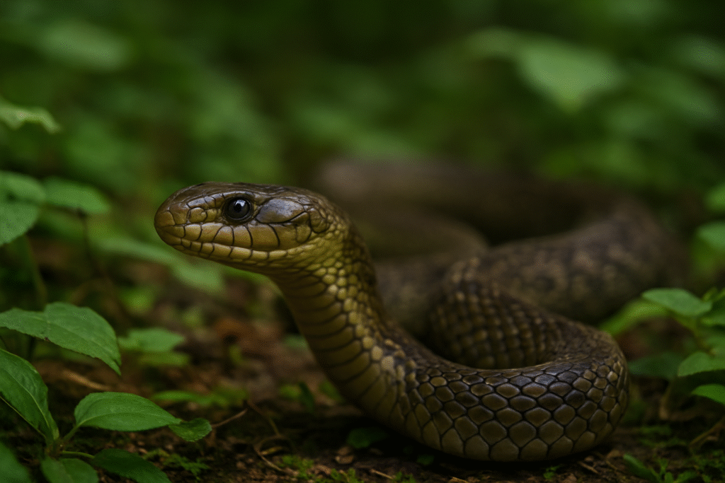 cobra preta e verde deslizando entre folhas na floresta, em ambiente natural e iluminado suavemente