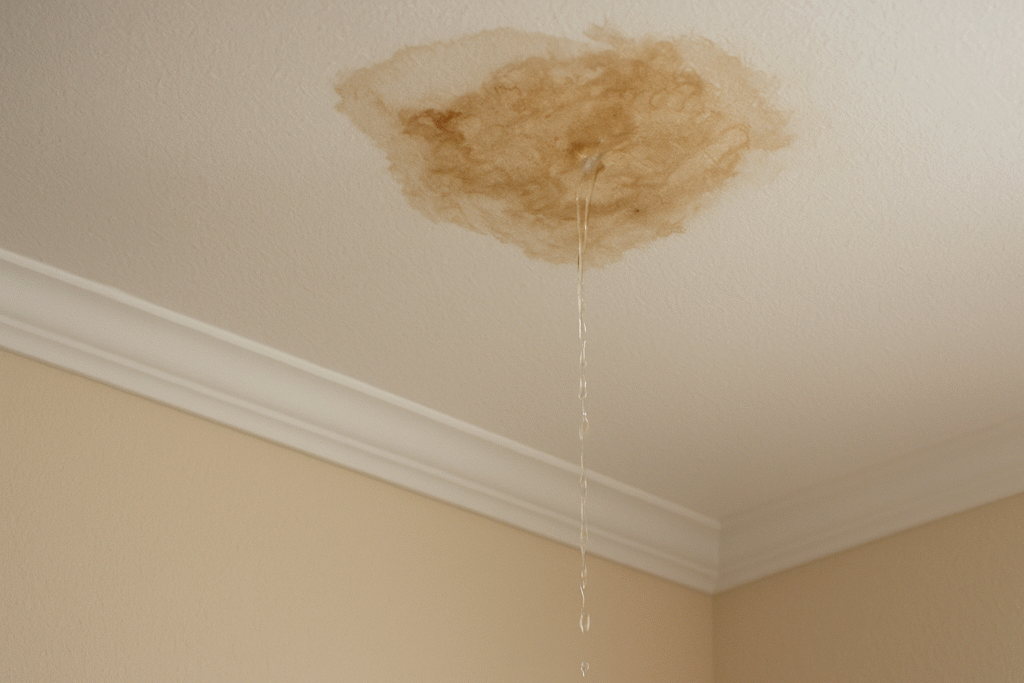 Canto da parede e teto com infiltração de água e mancha escura de goteira, com gotas pingando perto do vértice, simbolizando problemas que se acumulam.