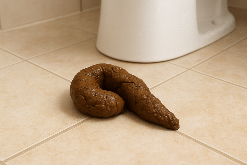 Fezes no chão do banheiro ao lado do vaso sanitário, ilustrando interpretações de sonhar com fezes fora do lugar.