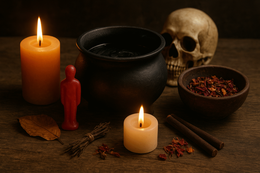 Ritual espiritual com caldeirão preto, velas acesas, boneco vermelho e ervas sobre mesa rústica.