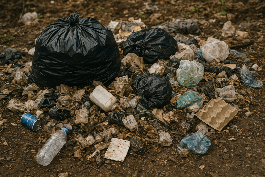 acos de lixo pretos e resíduos espalhados pela rua, representando sujeira urbana — imagem para ilustrar o significado de sonhar com lixo no chão.