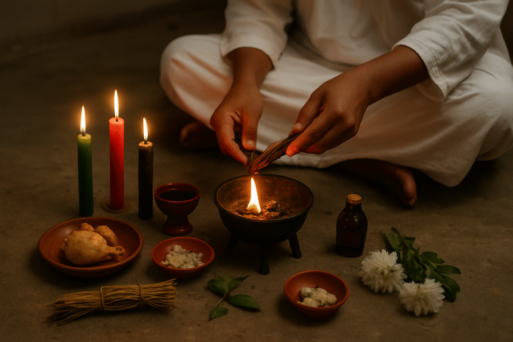 Pessoa realizando ritual espiritual com velas coloridas, ervas e oferendas em ambiente simples.