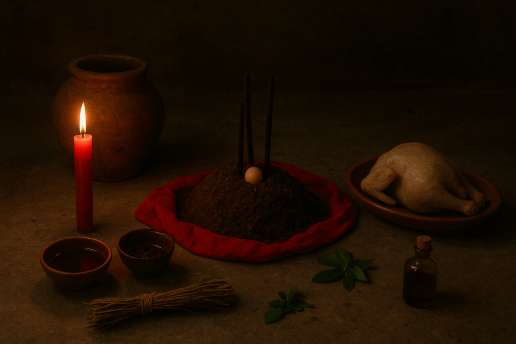Cena de ritual afro-brasileiro com vela vermelha, galinha crua, ovo e objetos usados em oferendas.