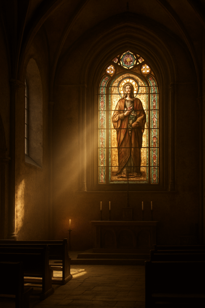 Vitral de igreja com imagem de São José iluminado pela luz do sol, representando proteção e espiritualidade.