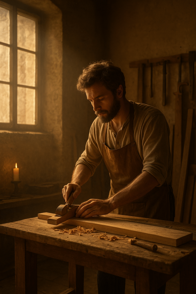 Homem trabalhando com madeira em oficina antiga, representando São José, o carpinteiro, símbolo de trabalho e fé.