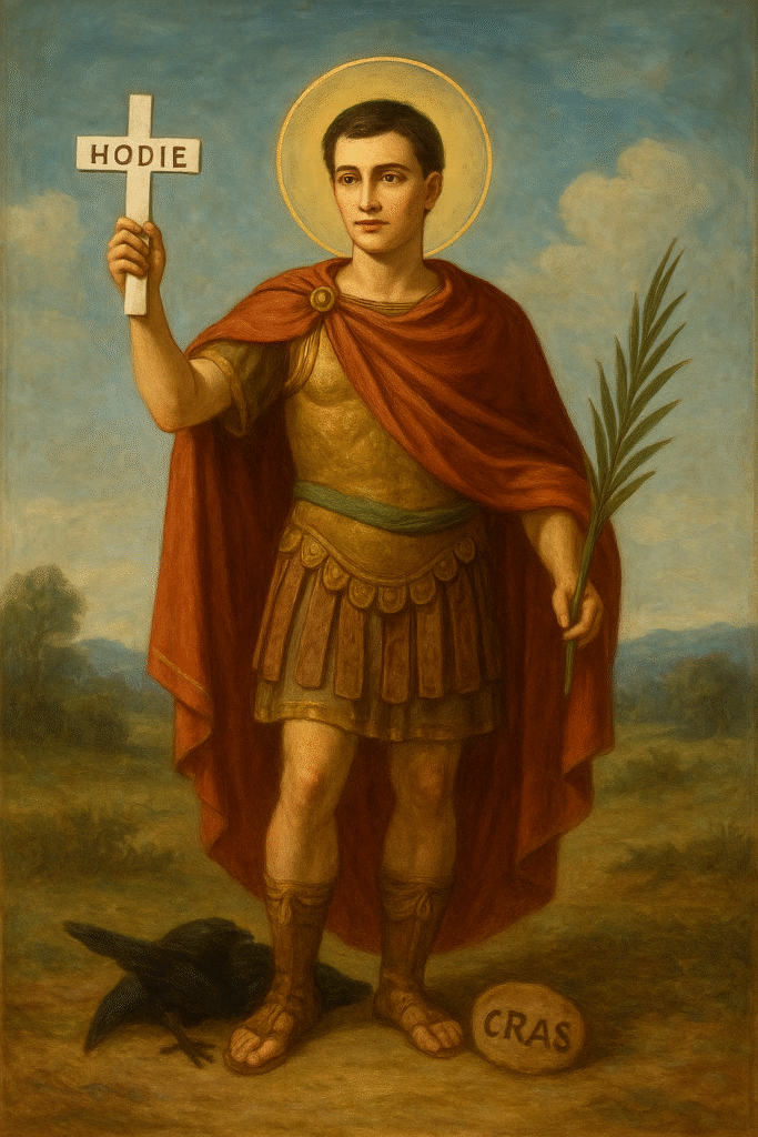 Pintura clássica de Santo Expedito segurando a cruz com a palavra “Hodie” e uma palma de fé, simbolizando vitória e urgência espiritual.