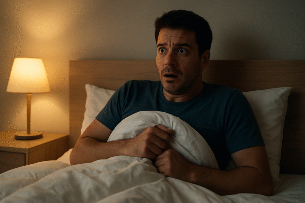 homem acordando assustado na cama após um pesadelo com cobra, expressão de medo e iluminação suave no quarto