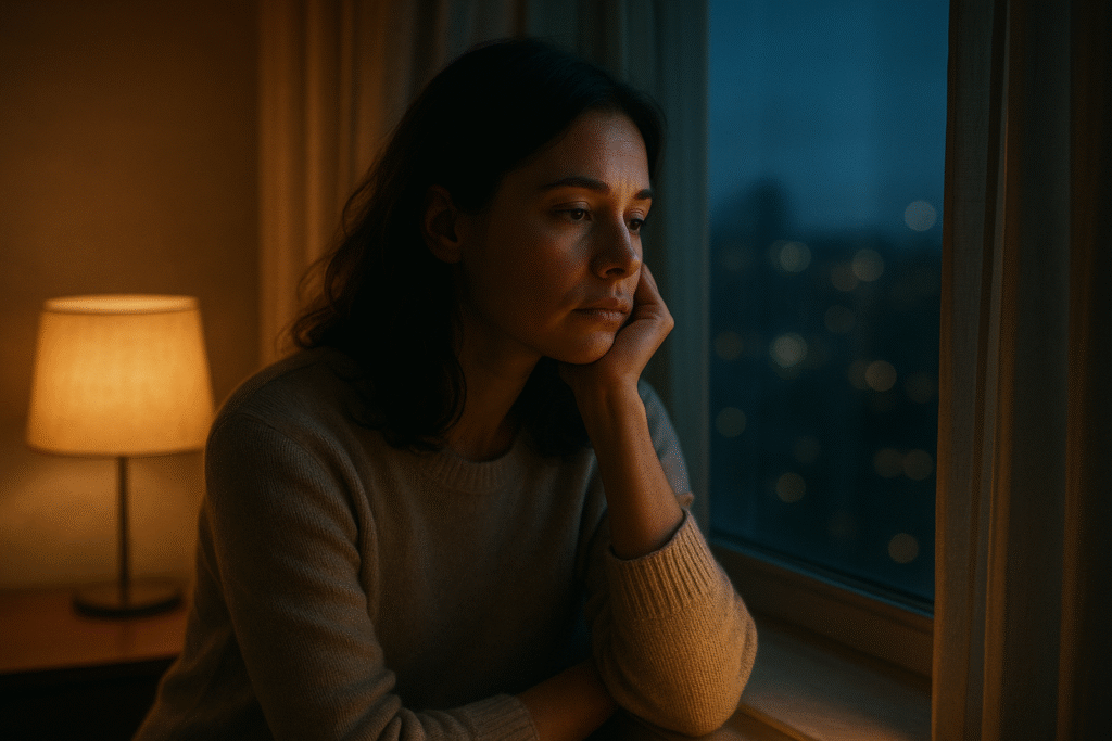 Mulher pensativa olhando pela janela durante a noite, representando reflexão e saudade após sonhar com ex-namorado.