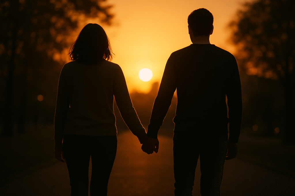 Casal de mãos dadas caminhando ao pôr do sol, simbolizando lembranças e reconciliação em sonhos com ex-namorado.