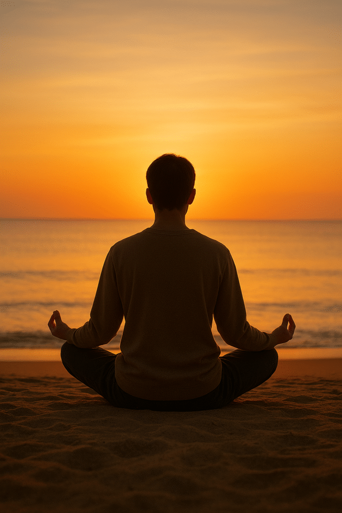 Homem meditando na praia ao pôr do sol, representando paz interior e reflexão sobre o passado amoroso após sonhar com ex-namorado.