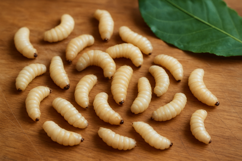 Larvas brancas sobre superfície de madeira — simbolismo e interpretação espiritual de sonhar com larvas.