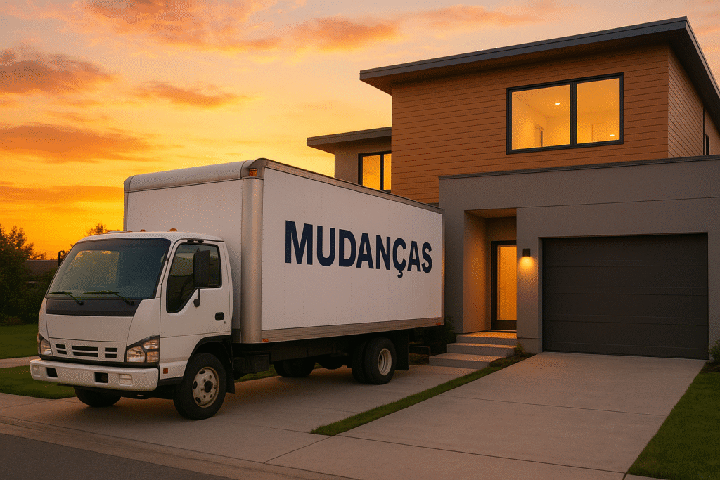 Caminhão de mudanças estacionado em frente a uma casa ao entardecer, simbolizando transformações e novos rumos na vida.