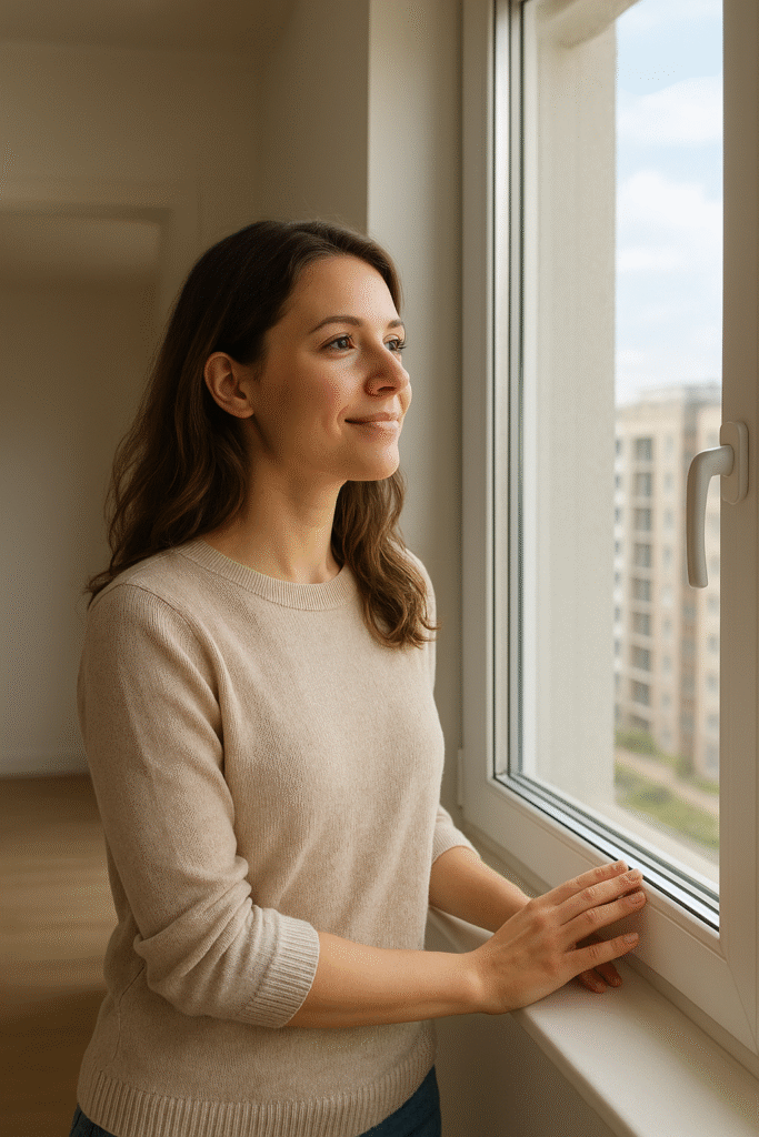 Mulher olhando pela janela com expressão de esperança, simbolizando o significado de sonhar com mudança de casa e novos começos.